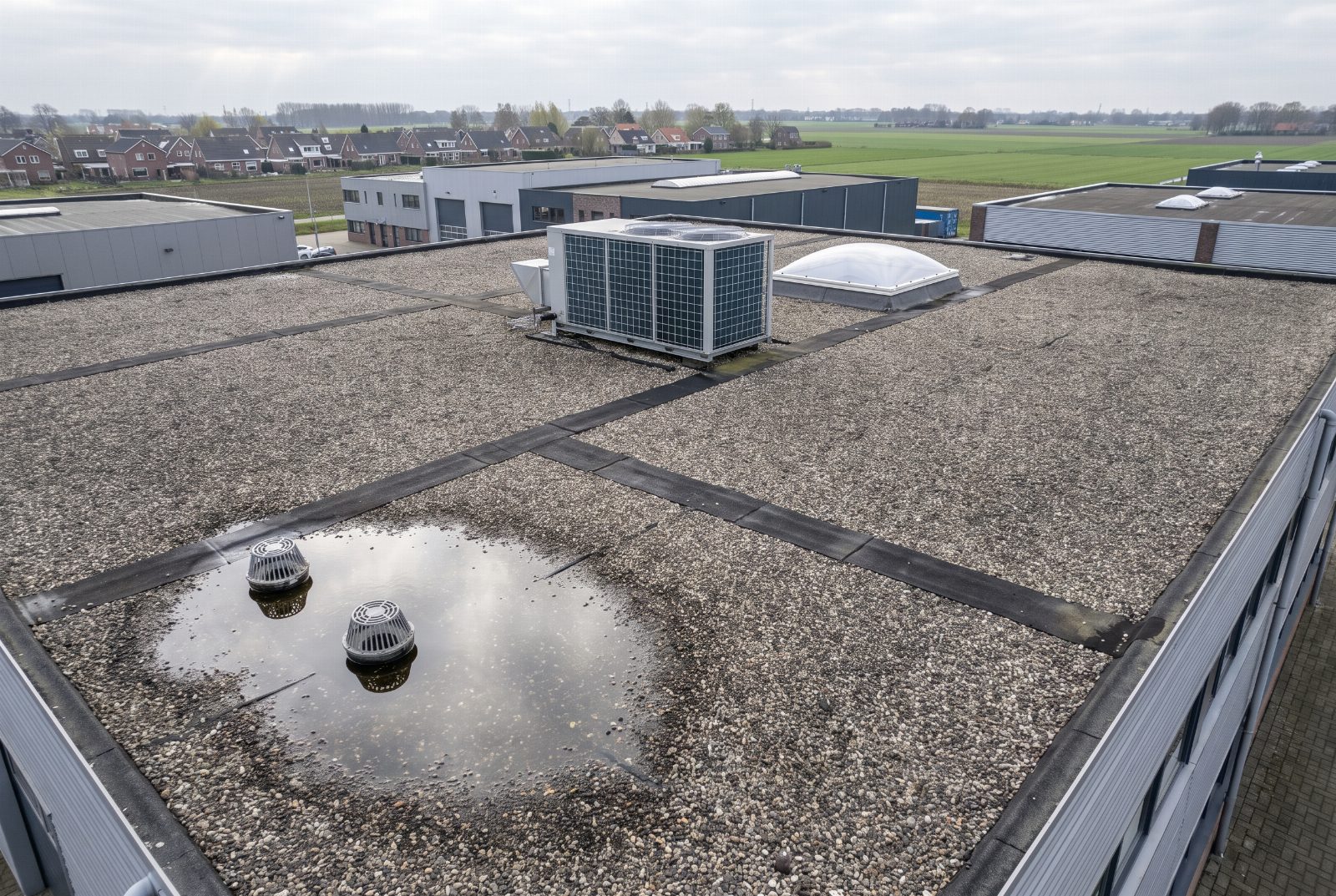 Plat dak van een bedrijfspand van bovenaf gezien, met grindballast, twee dakafvoeren, een plas stilstaand water en een lichtkoepel
