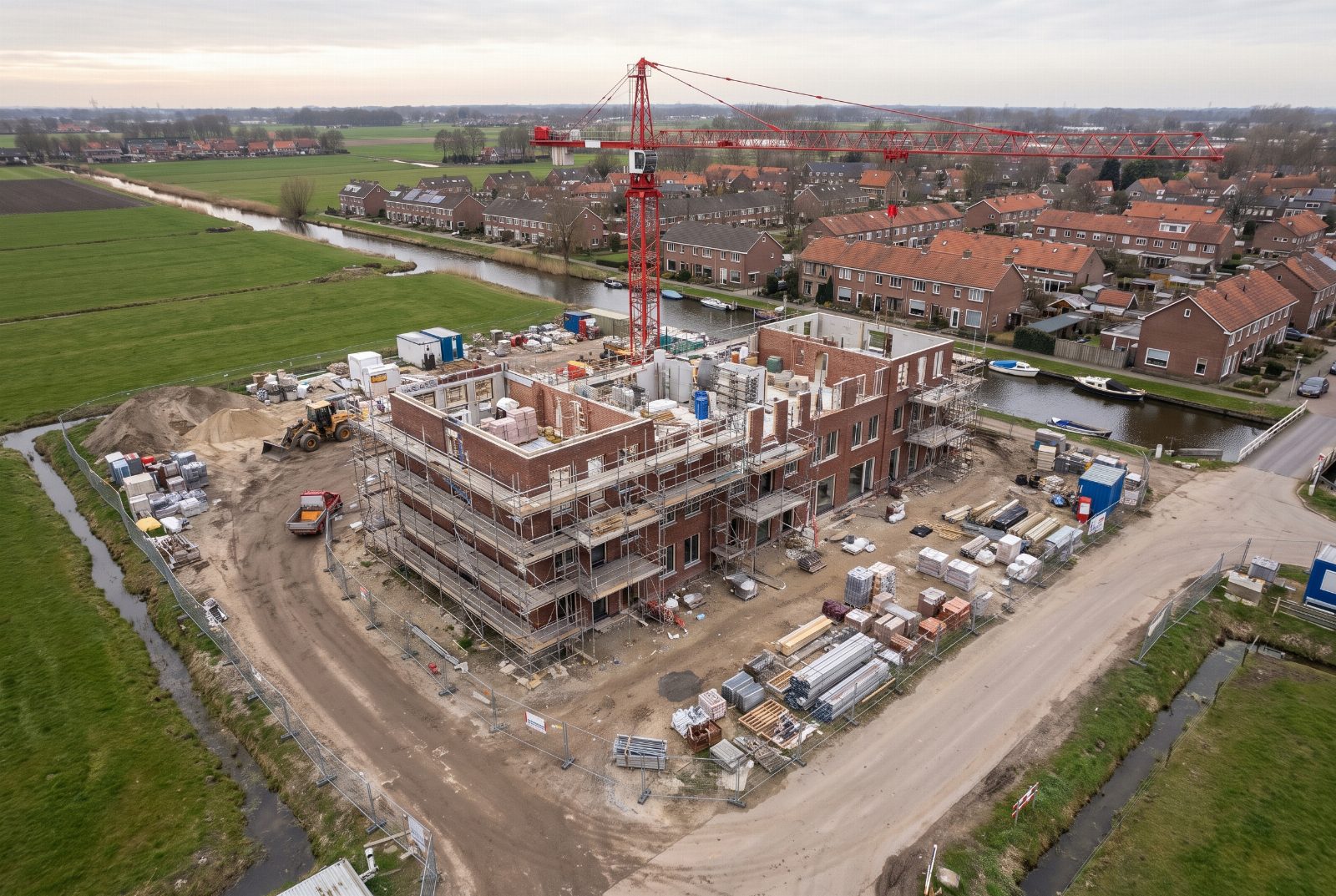 Luchtfoto van een Nederlandse bouwplaats met een half afgebouwd bakstenen appartementengebouw, steigers, een torenkraan en bouwhekken langs een toegangsweg