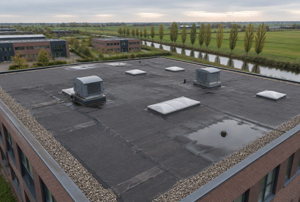 Plat dak van een bedrijfsgebouw vanuit de lucht, met bitumen dakbedekking, lichtkoepels, twee ventilatie-units en een plas water bij een dakafvoer